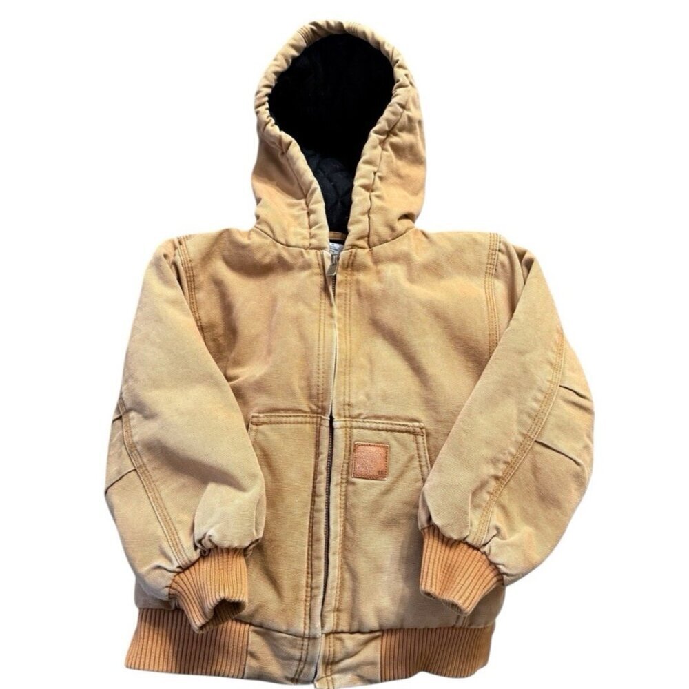 Carhartt Kids Work Coat Brown Duck Canvas Hodded Size 5 Quilted Lining READ